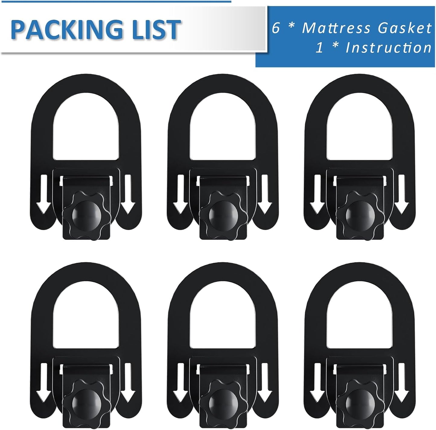 6 Pcs Non-Slip Mattress Grippers for Metal Bed Frame, Heavy Duty Mattress Gaskets, Keep Mattress from Sliding, Adjustable Anti-Slide Brackets, Black