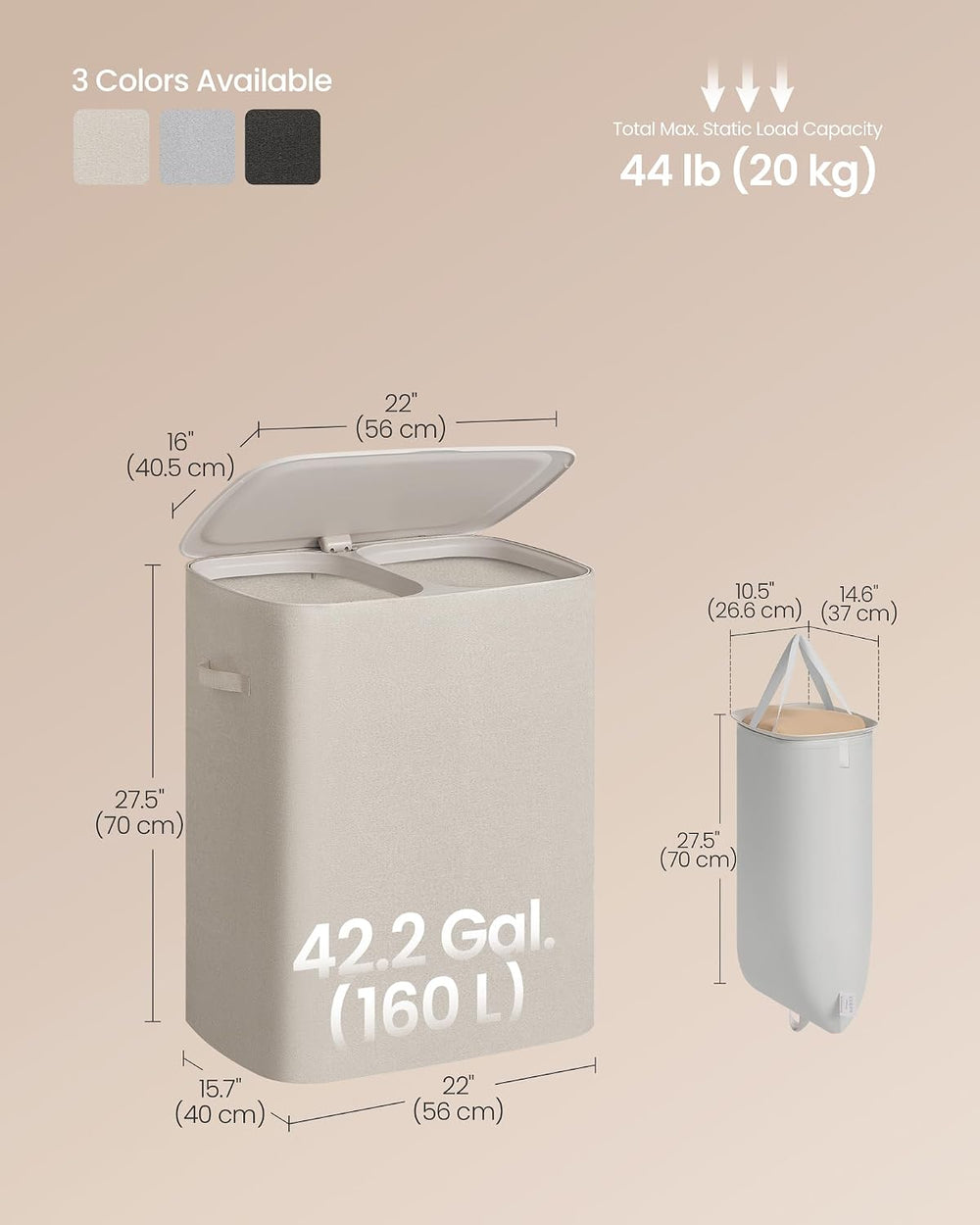 SONGMICS Laundry Hamper with Lid, 160L Double Laundry Basket, Steel Frame