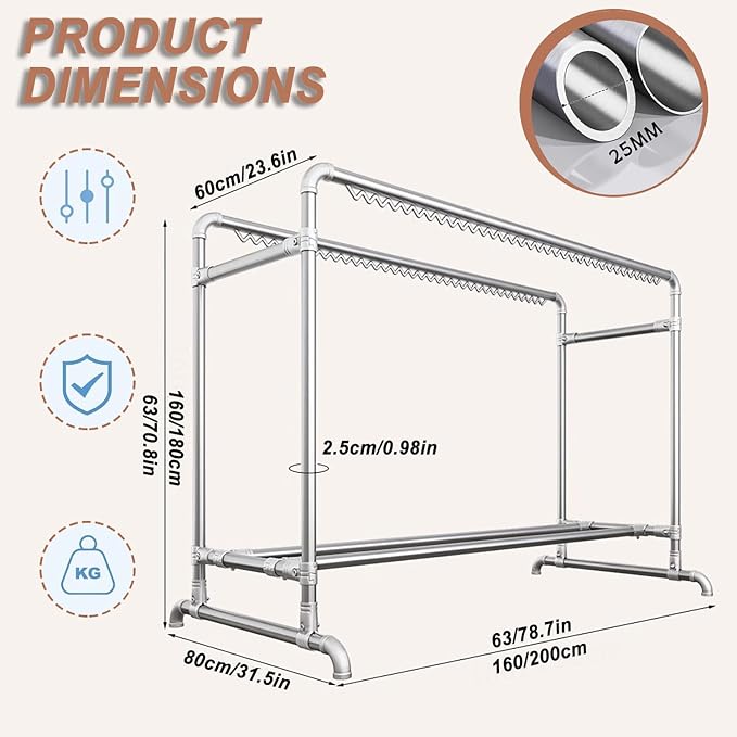 Clothes Drying Rack with Windproof Hooks, 78.7 inch Adjustable Heavy Duty - Image 2