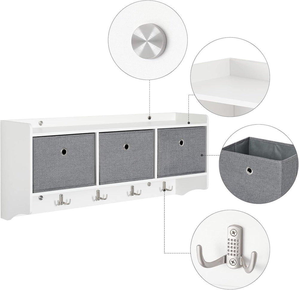 Mondeer Wooden Coat Rack Shelf Wall Mounted with 3 Baskets 5 Hooks White