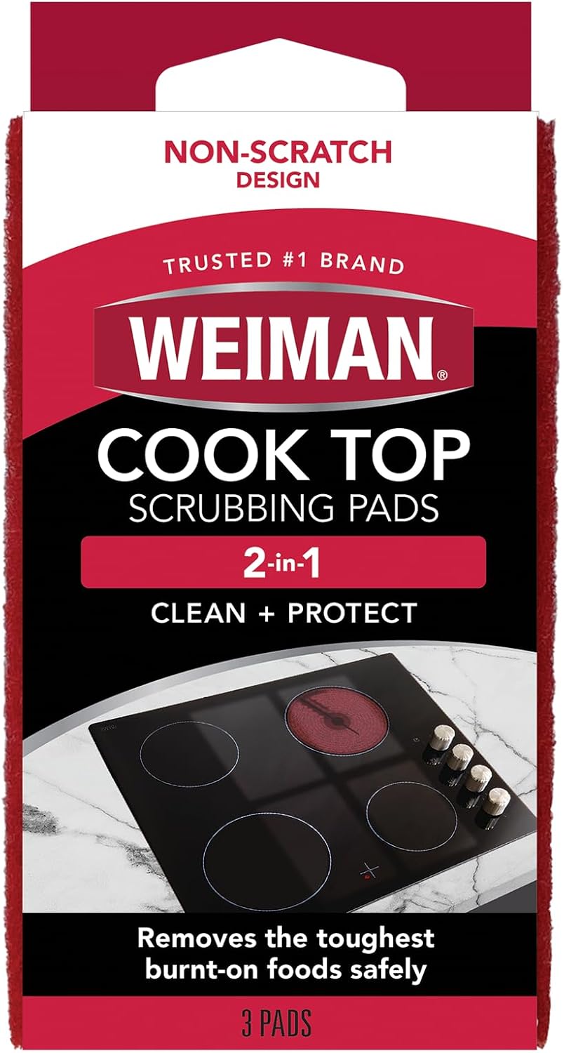 Weiman 3 Count Cooktop Scrubbing Pads, Removes Burnt-on Food, Scratch Free | Non-Abrasive for Burnt-On Food & Grease, Safe for Ceramic, Electirc, Gas & Induction Cooktop, Sink, Showers, Dishes & Tub