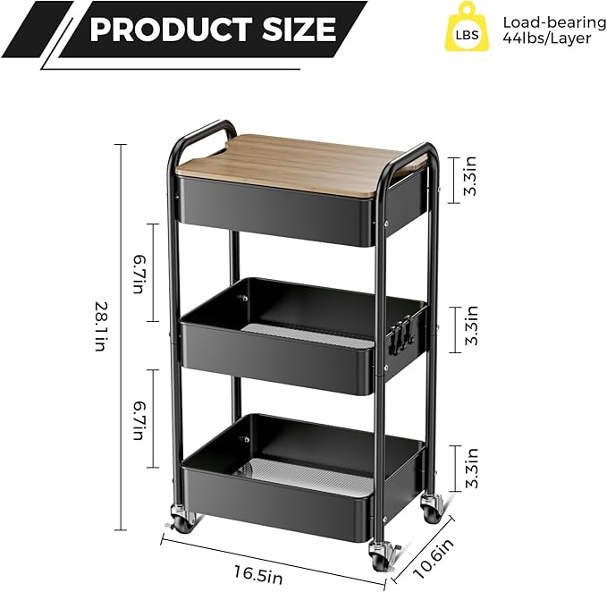 3 Tier Rolling Cart with Table top, Metal Utility Cart, Sturdy Storage - Image 4