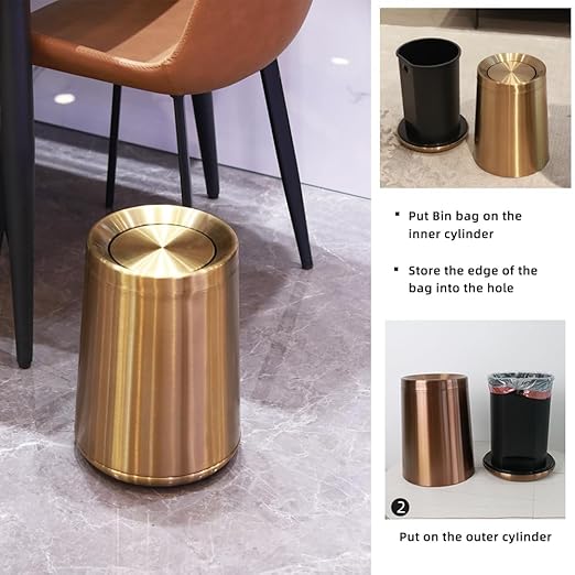 10 L/2.6Gallen, Swing Lid Gold Brass Trash Can, Brushed Nickel Garbage Can - Image 4