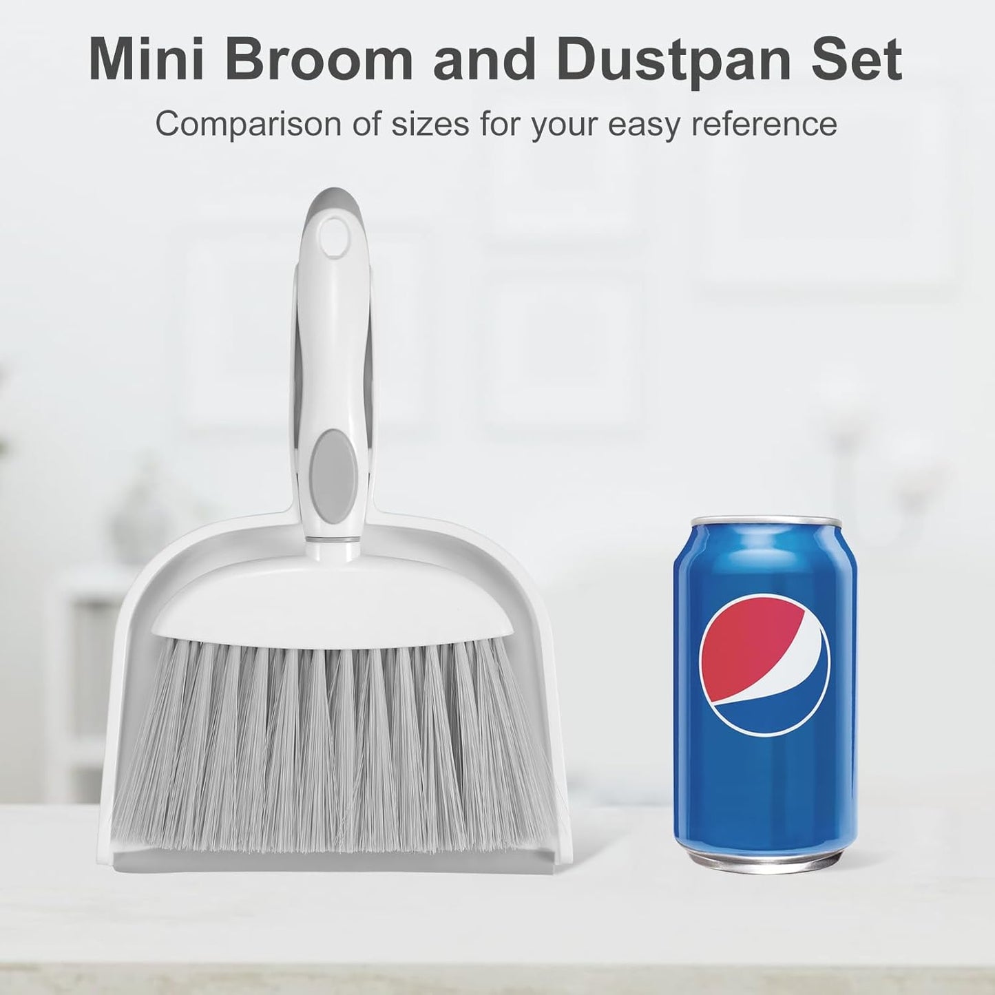 NACENA Small Dust Pan and Brush Set, Mini Broom and Dustpan Set Small Hand Broom and Brush Combo Dust Pan with Teeth for Home Cleaning Drawers Desktop Sofas and Outdoor, White & Gray
