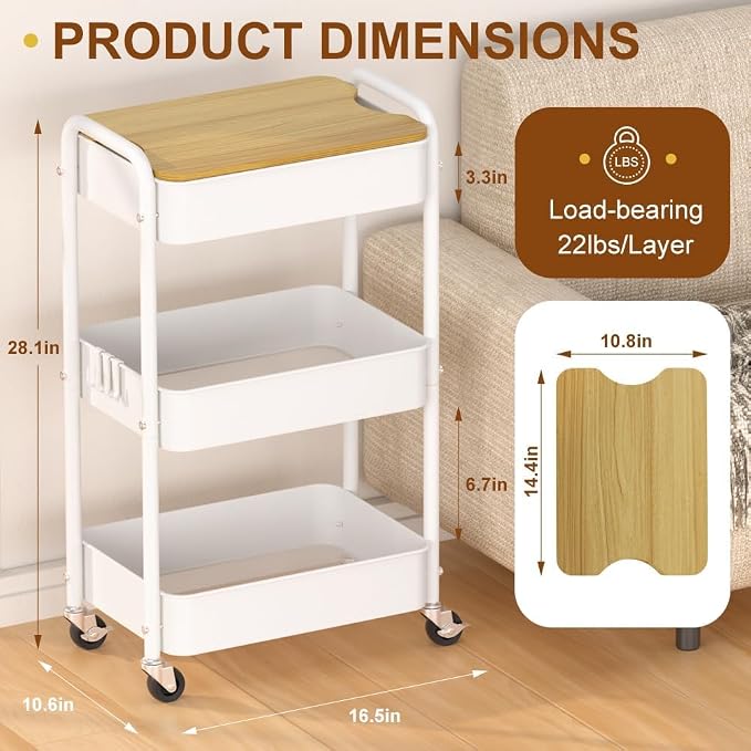 3 Tier Metal Utility Cart, Rolling Storage Cart - Image 6