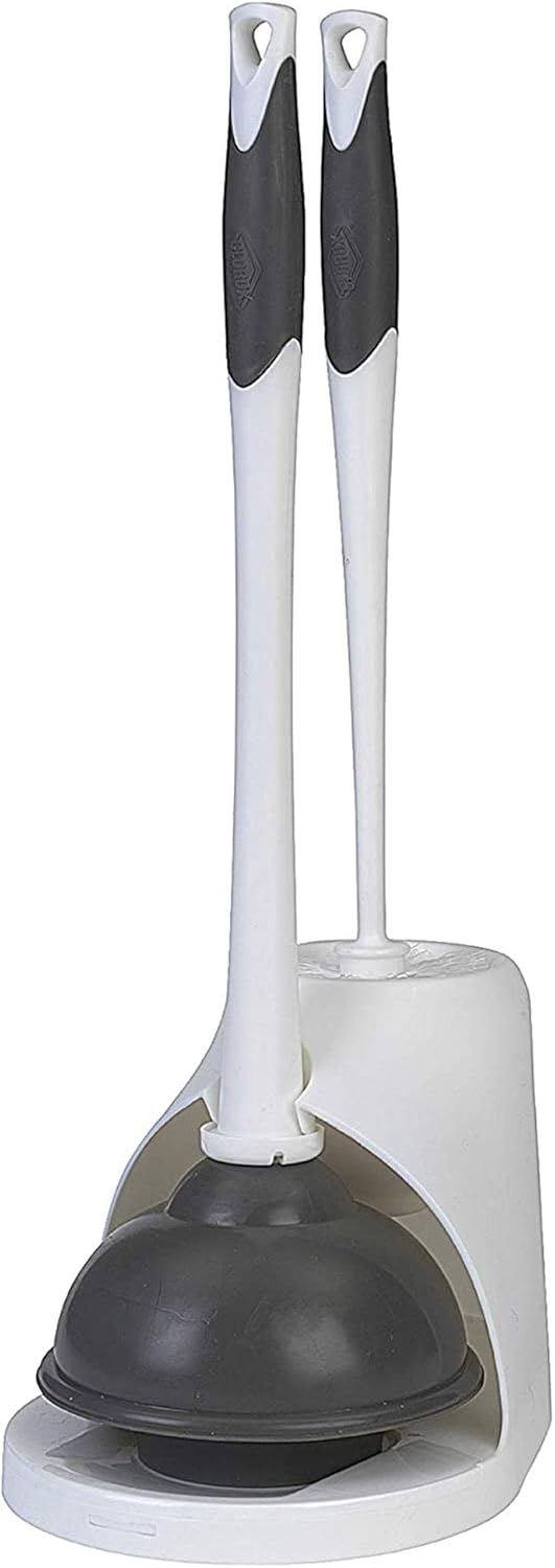 Clorox Toilet Plunger and Brush Bowl Set with Holder Caddy Storage for Cleaning Bathroom and Unclogging Toilets, White and Gray