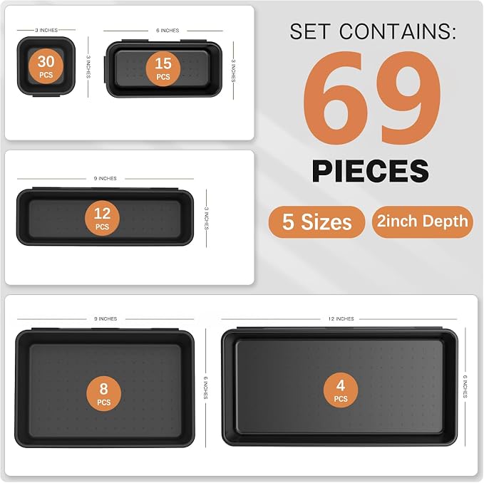 69PCS Large Plastic Interlocking Drawer Organizer, 5 Sizes Versatile Desk - Image 2