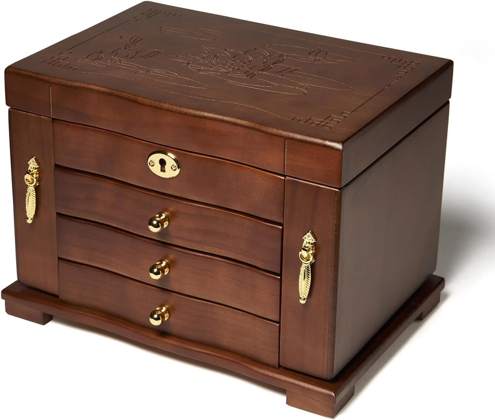 FEECOZ Wooden Jewelry Box for Women, Solid Wood Jewelry Organizer with Mirror...