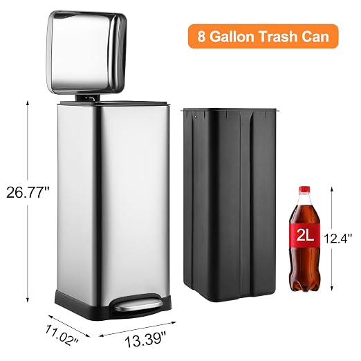 8 Gal/30L Slim Trash Can, Rectangular Step-On Stainless Steel Garbage Can - Image 2