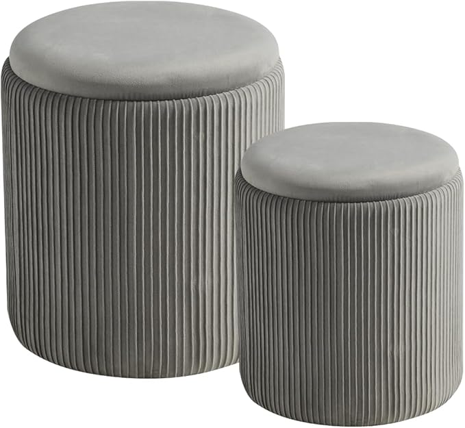 Round Set of 2 Ottoman with Storage-Upholstered Velvet Vanity Stool by HomePage