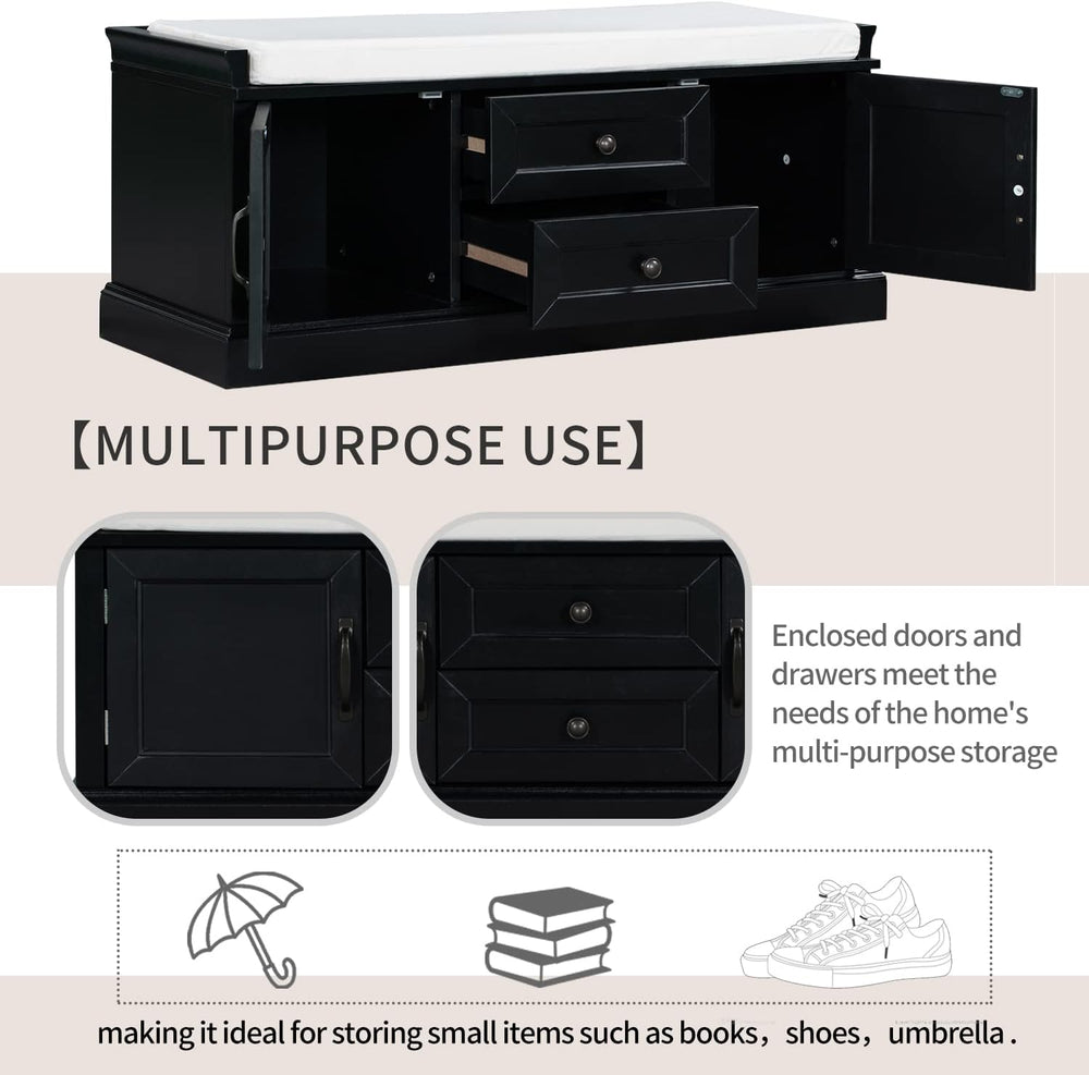 Knocbel 42.5" Storage Bench with Removable Cushion, 2 Drawers and 2 Cabi...