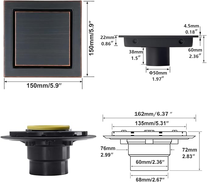 RANDOM Oil Rubbed Bronze Shower Drain Square 6 inch - Image 2