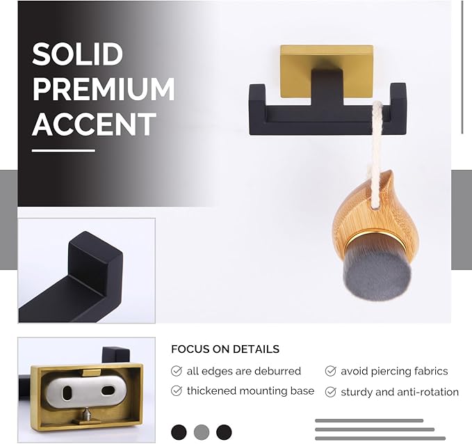 Angle Simple Towel Hook Black & Gold 2 PCS, Stainless Steel Double Hook - Image 6