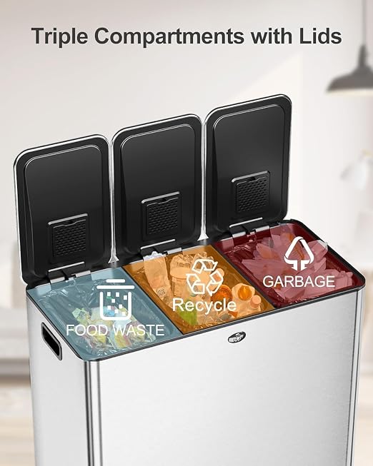 60L/15.9 Gal Gallon Three-Compartment Pedal Stainless Steel Kitchen Recycling - Image 3
