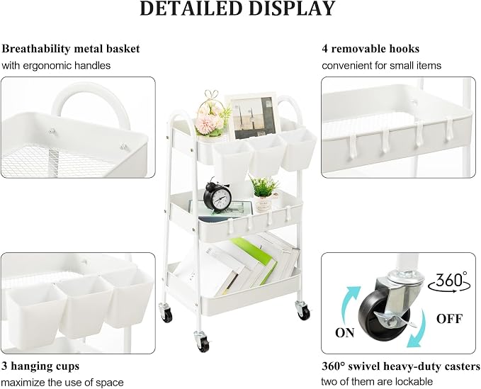danpinera 3-Tier Rolling Cart, Metal Rolling Storage Cart - Image 2