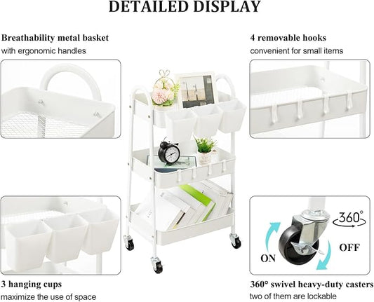 danpinera 3-Tier Rolling Cart, Metal Rolling Storage Cart - Image 2
