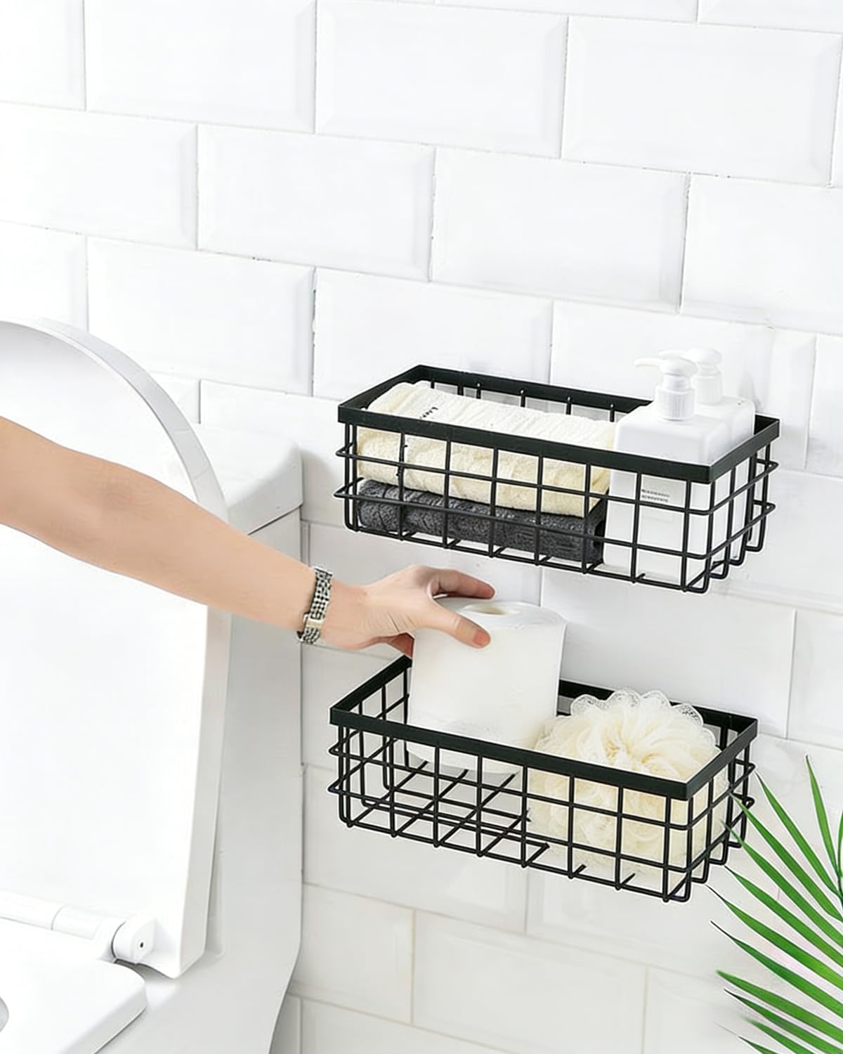 2PCS Adhesive Metal Wire Wall Storage Organizer Hanging Baskets Black M+L | Drill-free mount. Suitable for kitchen, bathroom, pantry, cabinet; serves as spice rack, shower caddy and storage organizer