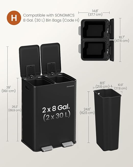 SONGMICS Trash Can, 2 x 8 Gallon Dual-Compartment Garbage Can - Image 6
