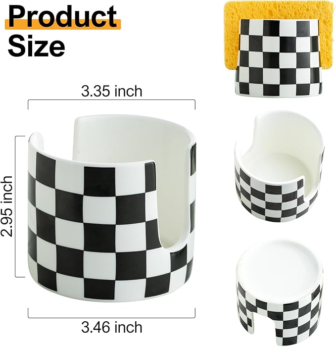 Checkered Kitchen Sink Sponge Holder, Dish Sponge Rack Ceramic Brush Holder - Image 2