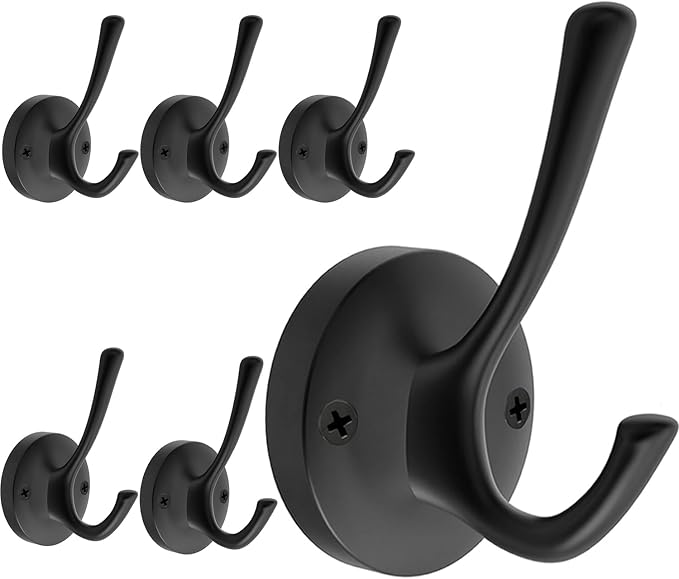 Black Wall Hooks, 6 Pack Coat Towel Hook Heavy Duty Metal Double Bath Robe Hook by TOFIIGREM