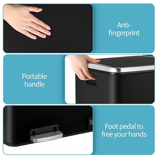 16 Gallon Rectangular Stainless Steel Trash Can, Dual Compartment Garbage Bin - Image 6