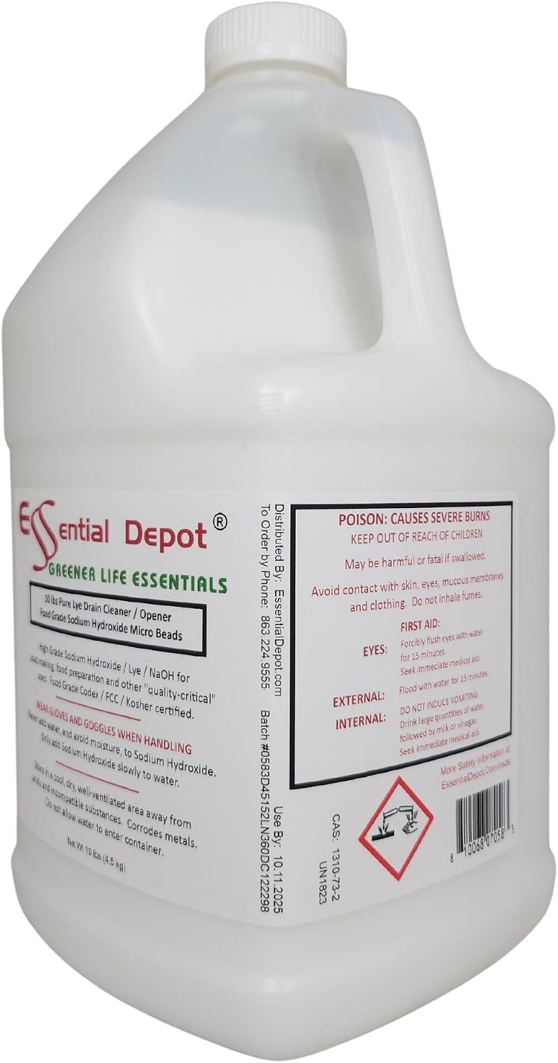 Essential Depot 40 lbs Bottle Food Grade Sodium Hydroxide Lye Evenly-Sized Micro Pels (Beads or Particles) - Lye Drain Cleaner - HDPE Container with Resealable Child Resistant Cap and Handle