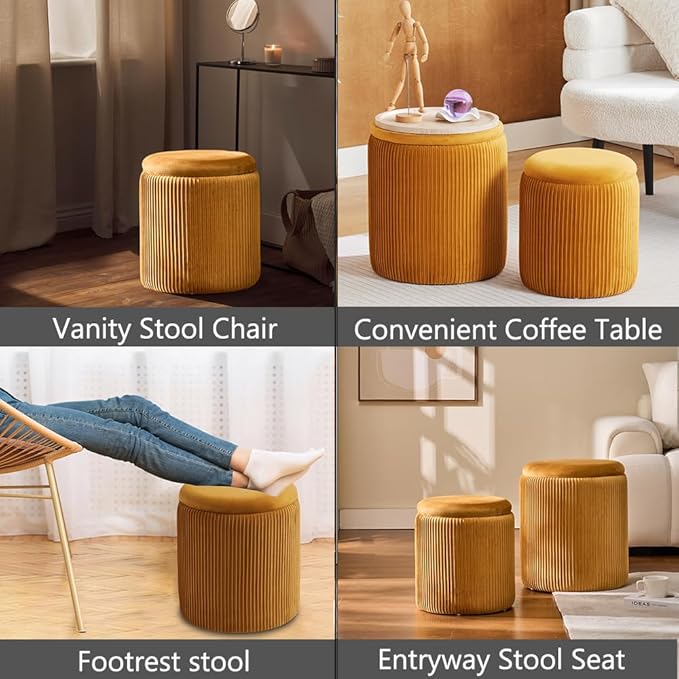 Round Ottoman with Storage Set of 2-Upholstered Velvet Vanity Stool - Image 4