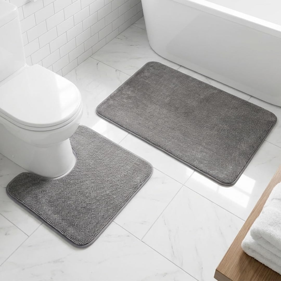 Muddy Mat® CloudStep Bathroom Rugs 2 Piece Set, Non Slip Bath Mats for Bathroom, Absorbent Memory Foam Chenille, Machine Washable Quick Dry Toilet Rug Set, Grey 20"x30" + 20"x20" U-Shaped