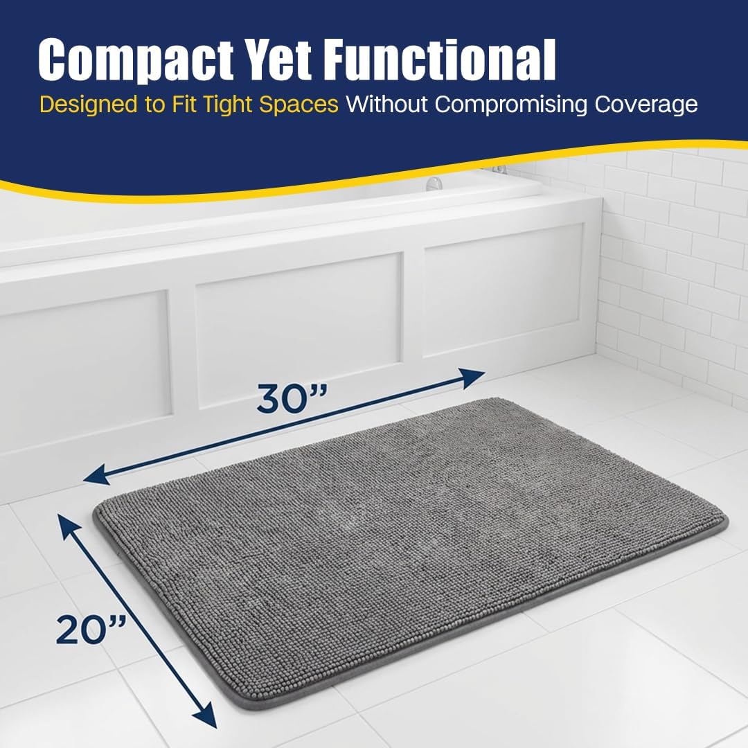 Muddy Mat® CloudStep Bathroom Rugs, Non Slip Bath Mats for Bathroom, Super Absorbent Memory Foam Chenille, Quick Dry Machine Washable Thick Toilet Rug for Shower Tub and Floor, Grey 18" x 28"