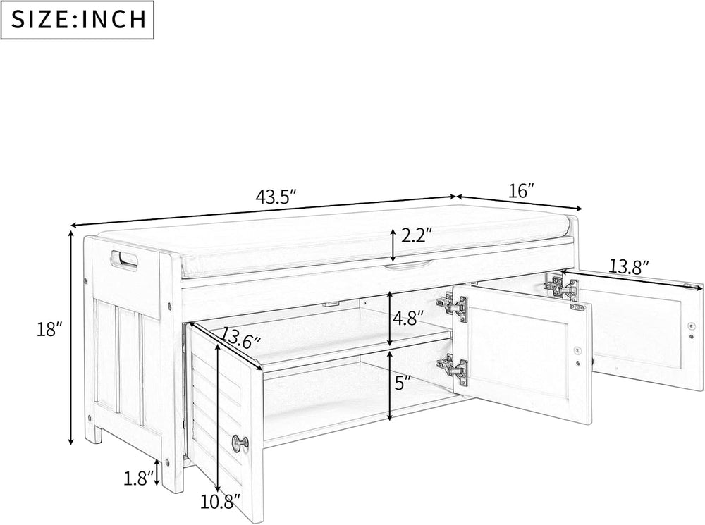 P PURLOVE Wood Storage Bench with 3 Shutter Doors, Shoe Bench with Removable ...
