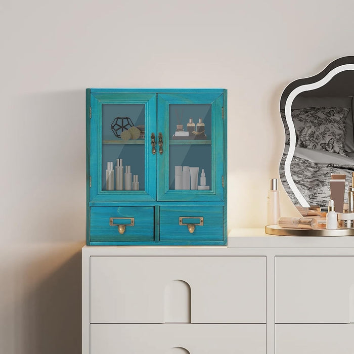 2-Tier Wooden Storage Cabinet with Double Doors & 2 Drawers, Stylish Apothecary Desk Organizer, Desktop Storage Cabinets for Living Room & Study (Blue)