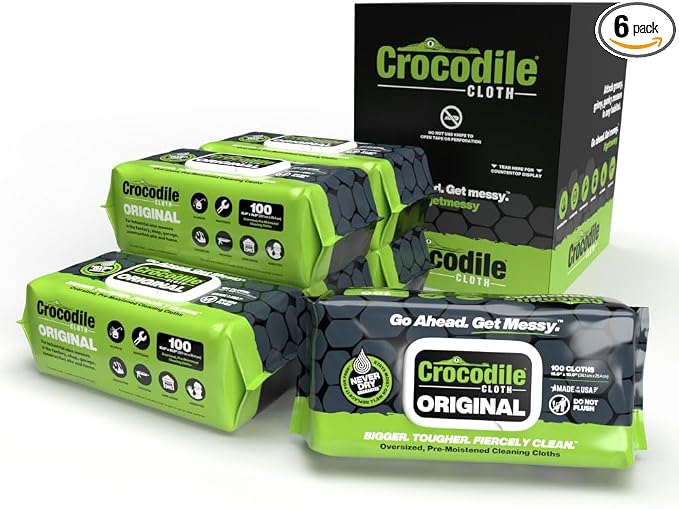 Crocodile Cloth Original Cleaning Wipes, Water-Based, Safe on Skin, Cuts Grease by CrocodileCloth