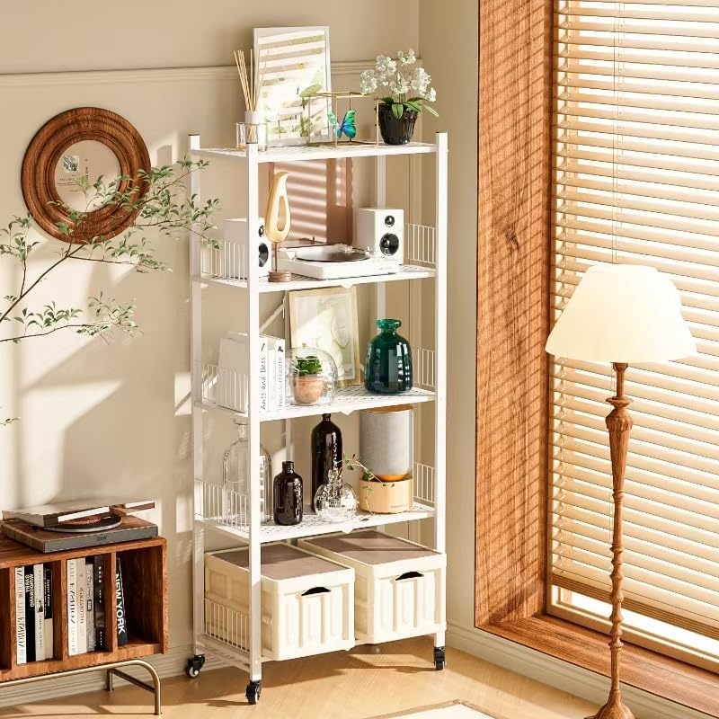 Folding Shelves No Assembly, 5 Tier Foldable Storage Shelves with Wheels, 220...