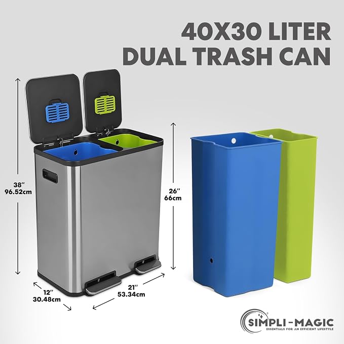 Simpli-Magic 18.5 Gallon Dual Compartment Step Trash Can – Kitchen Garbage Can - Image 2