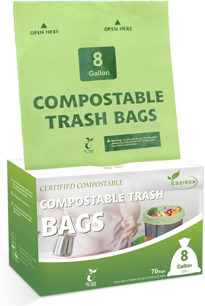 100% Compostable Trash Bags, 8 Gallon, 30 Liter, 0.85 Mils by Codirom
