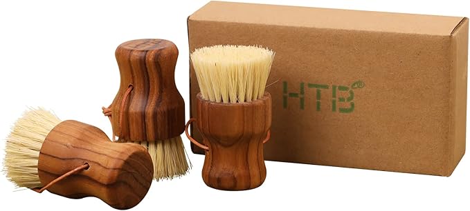 Teak Dish Scrub Brush 3PCS by HTB, Good Grip Small Wooden Dish Brush by HTB