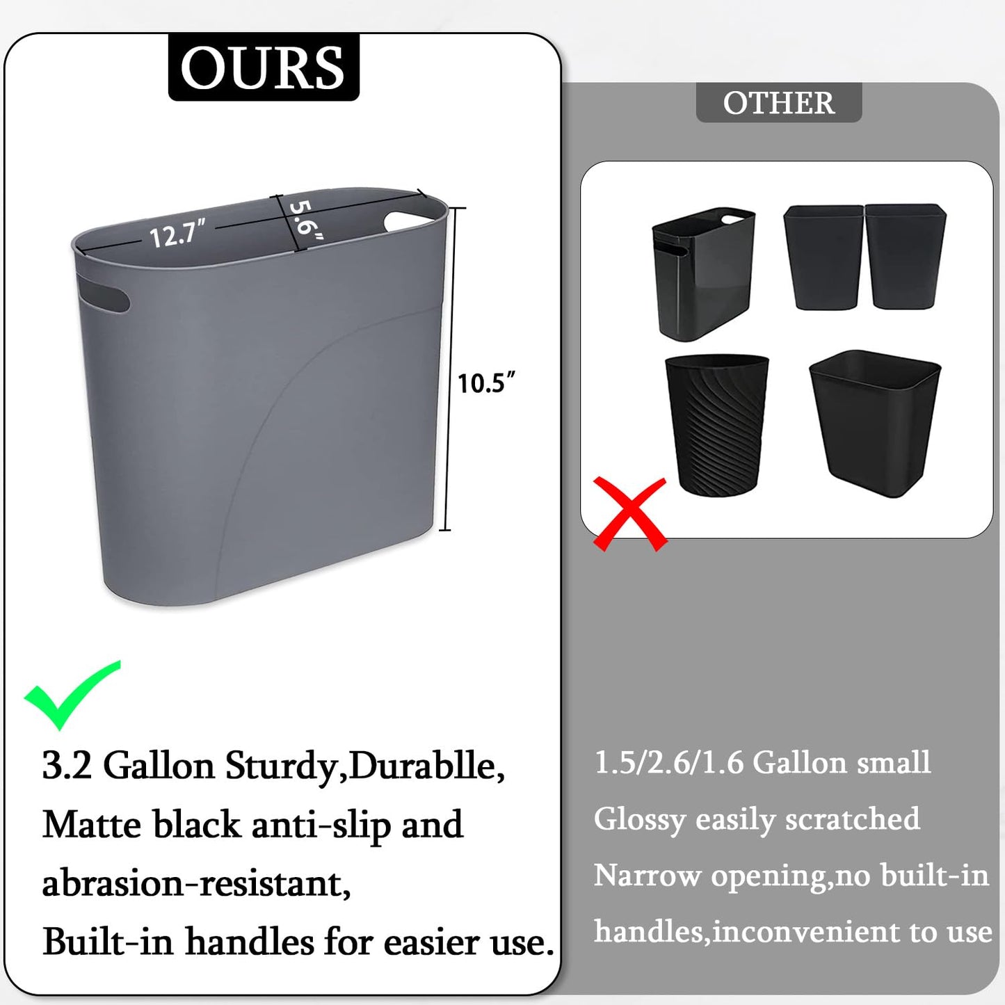 3 Pack Bathroom Trash Can, 3.2 Gallon Slim Waste Basket, Plastic Bathroom Wastebasket Slim Garbage Can for Narrow Spaces Bathroom Bedroom Kitchen Office at Home, Grey