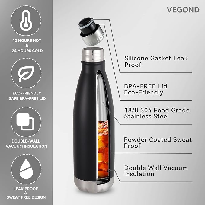 VEGOND 17oz Stainless Steel Water Bottles, Reusable Metal Sports Water Bottle - Image 2