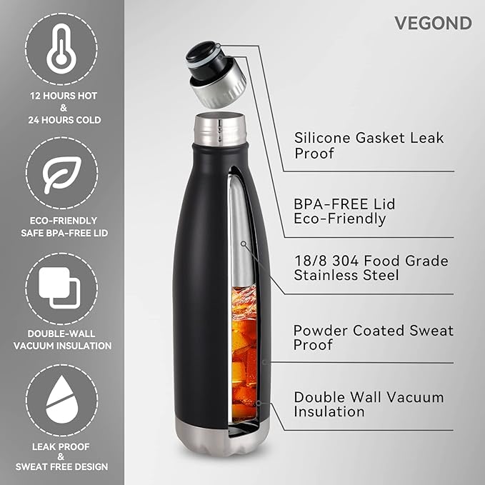 VEGOND 17oz Stainless Steel Water Bottles Bulk, Reusable Metal Sports Water - Image 2