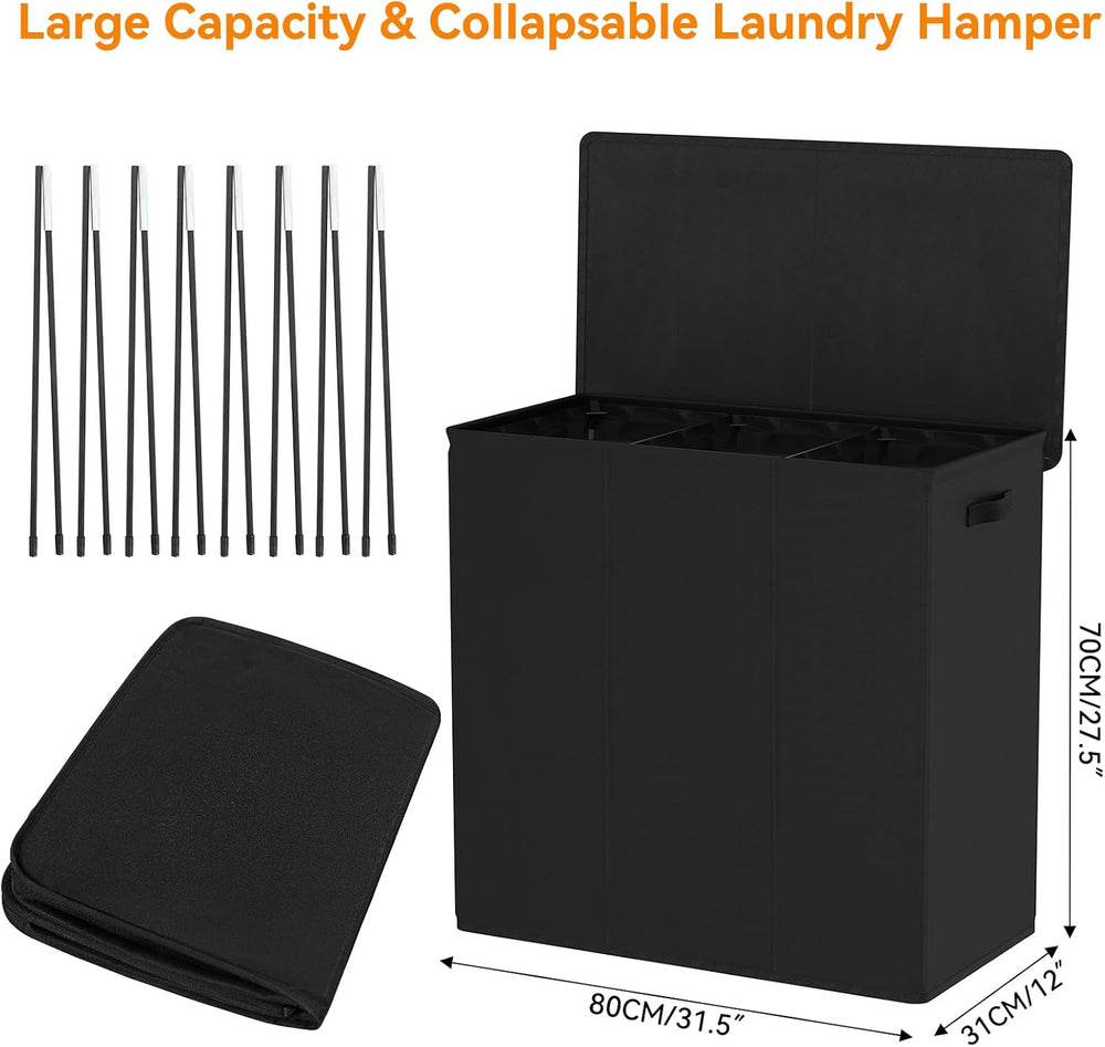 WOWLIVE 180L Laundry Hamper 3 Section, Large Laundry Basket with Lid