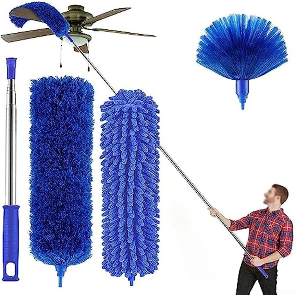 Extendable Duster Having 100 Inch Pole Washable Feather Duster Set for Prime Ceiling Fan and Furniture Cleaning Flexible Bendable Head 5-piece Blue Set