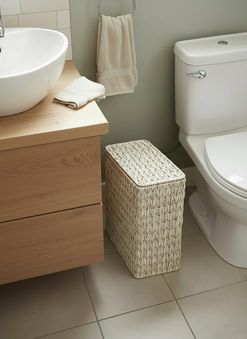 Wicker Trash Can with Lid and Liner, Boho Decotative Small Bathroom Trash Cans - Image 2
