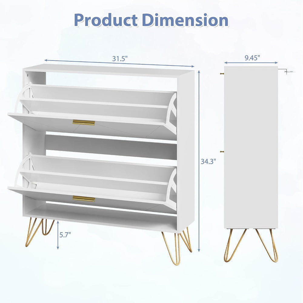 Shoe Storage Cabinet with 2 Striped Flip Drawers and Metal Legs, White丨Modern...