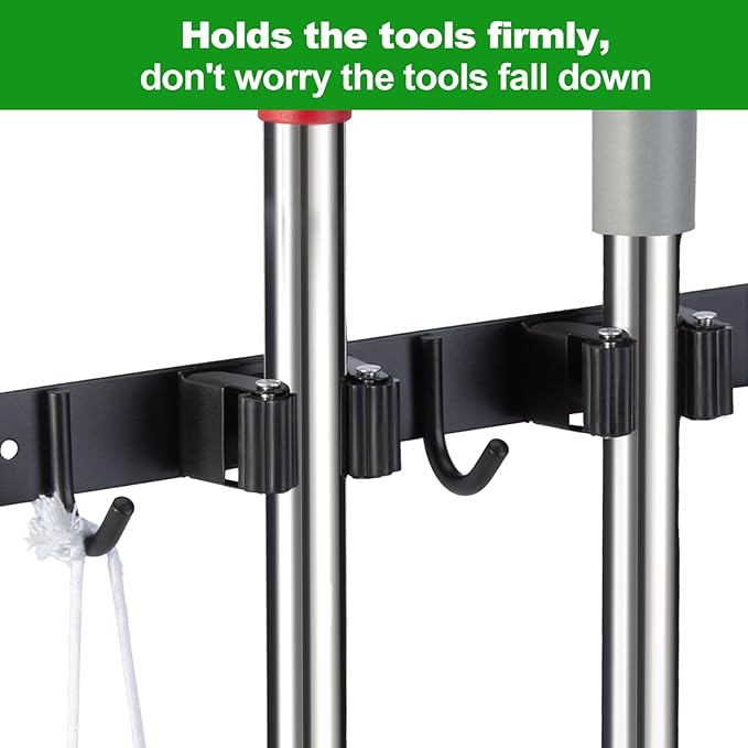 voze 2 Racks and 3 Hooks Mop and Broom Holder Wall Mount, Self Adhesive Heavy - Image 4