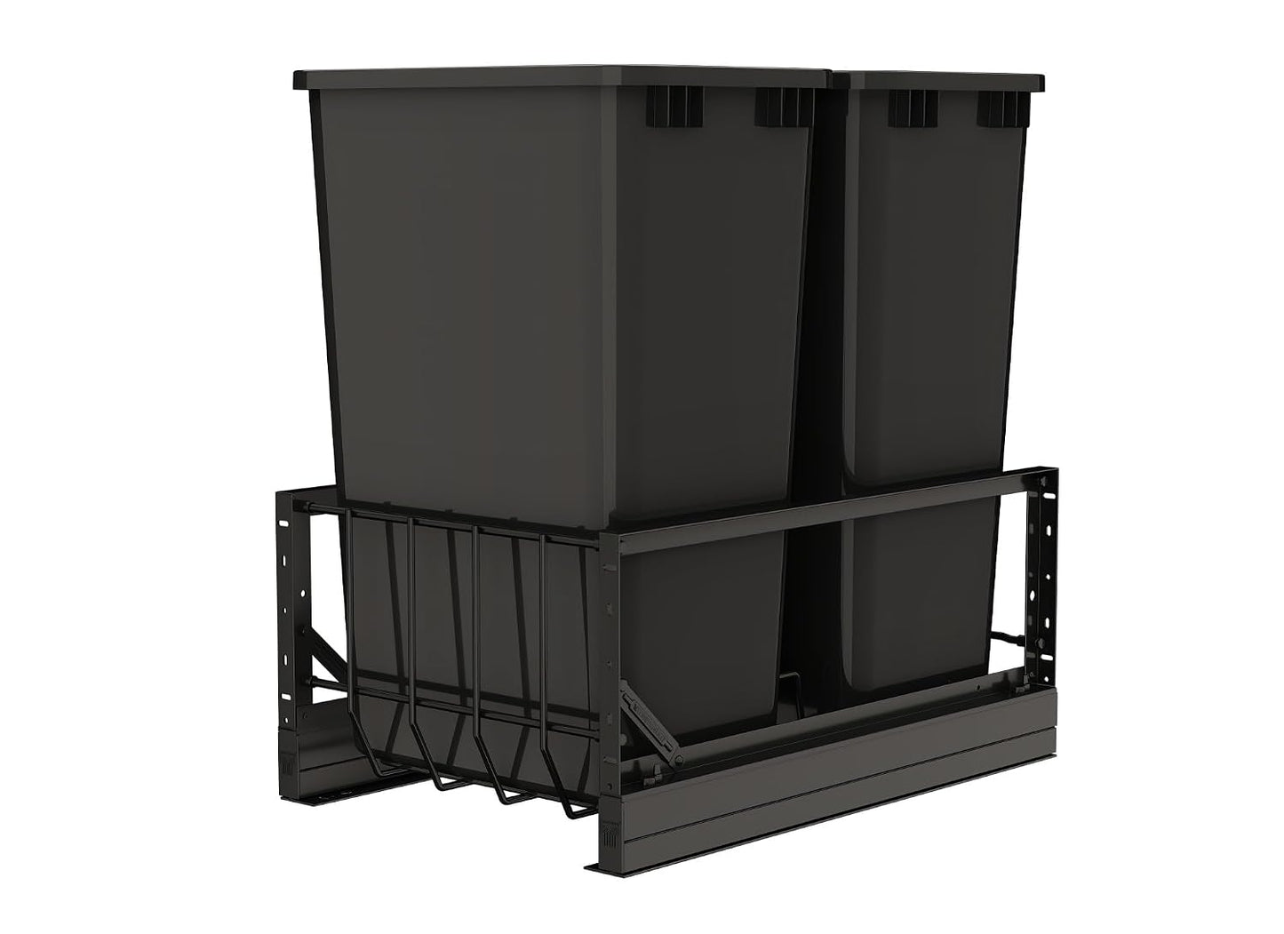 Rev-A-Shelf Aluminum Double Pullout Waste Container for Kitchen Base Cabinets, 50 Qt Trash Can with Soft-Close Slides, Black, 5349-2150DM-218