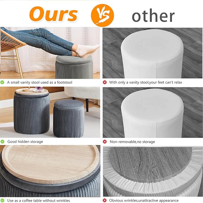 Round Ottoman with Storage Set of 2-Upholstered Velvet Vanity Stool - Image 5