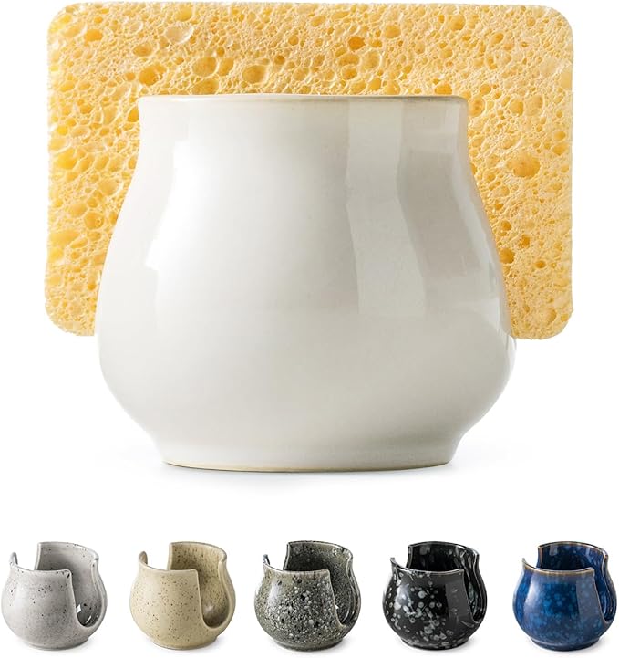 Sponge Holder for Kitchen Sink Counter, Ceramic Dish Sponge Caddy White Sink by LAUCHUH