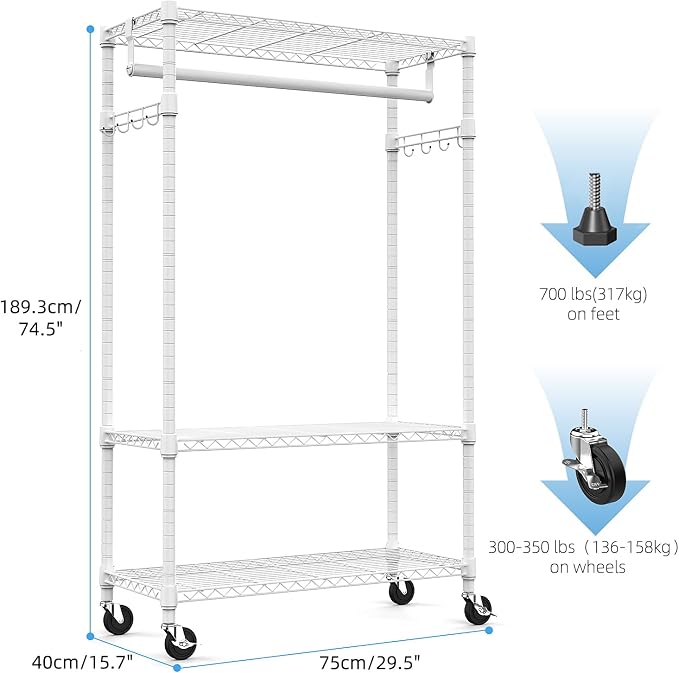 Heavy Duty Rolling Garment Rack 3 Tiers Adjustable Wire Shelving Clothes Rack - Image 6