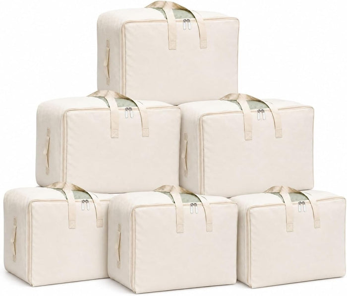 DoYiKe Soft Large Canvas Comforter Storage Bags with Four Carrying Handles and Clear Window, Closet Organizer for Clothing, Blankets Sheets Pillows and Bedding, 80L, 6 Pack, Beige