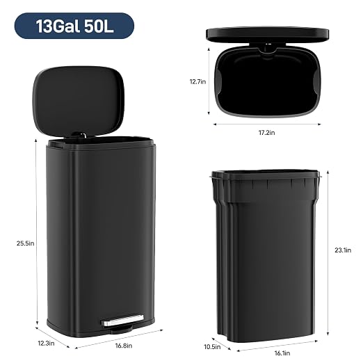 Arlopu13.2 Gallon Step Trash Can, Stainless Steel Garbage Bin, Soft-Close - Image 2
